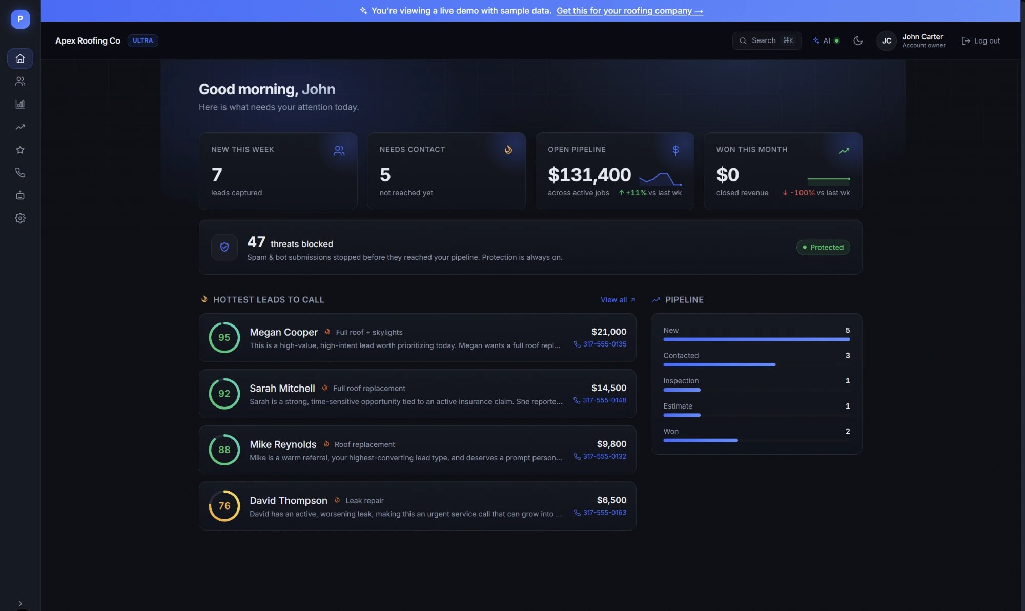 The Project GRVE client dashboard: AI-scored leads, pipeline, and live metrics.